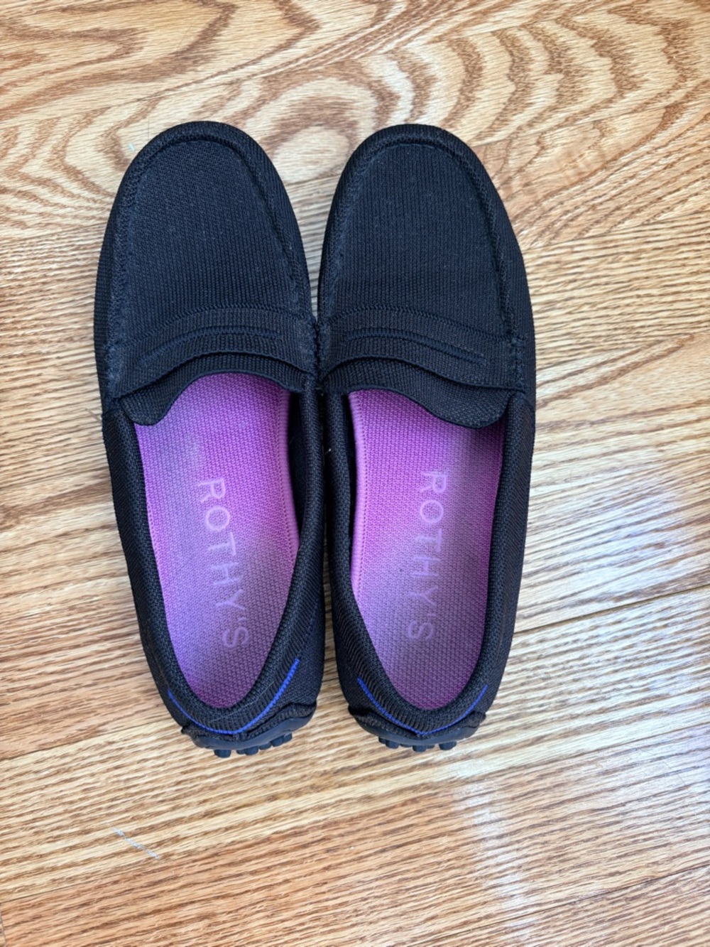 Rothy's Black/Dark Brown Knit Slip-On Loafers with Purple Insole
